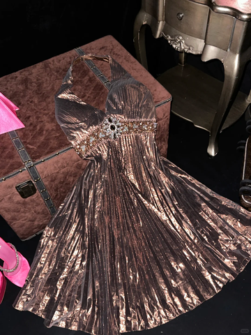 Unique A Line Halter Rhinestone Brown Satin Short Homecoming Dress Cocktail Dress HZ1023